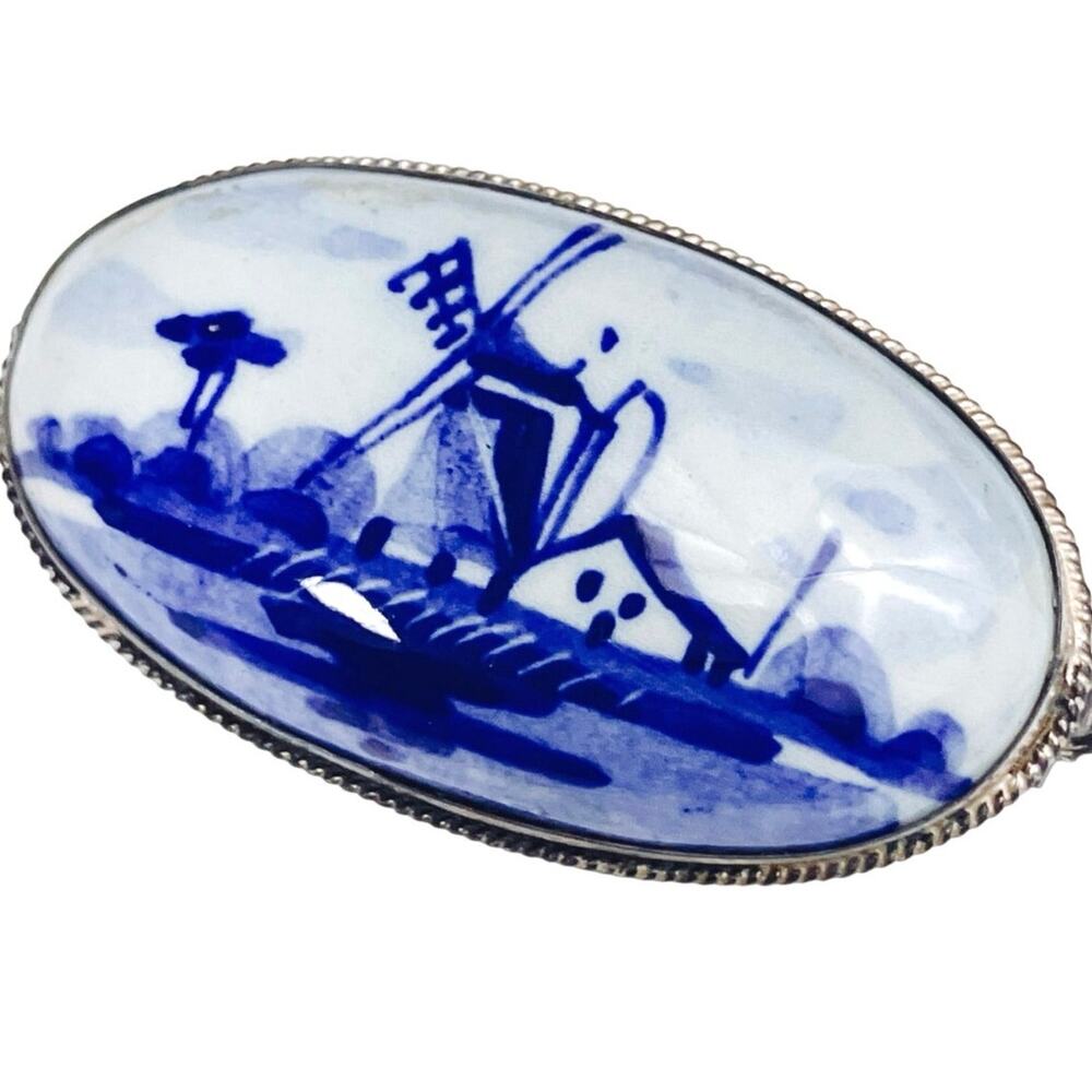 Vintage Silver Signed Delft Brooch Hand Painted Dutch Mid Century Windmill Pin